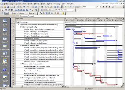 Obr. 3: MS Project – zobrazení pro sledování projektu (jak byl plánován, jak je plánován nyní, kolik práce je již odvedeno, které úkoly mohou zpoždění kompenzovat a vrátit projekt do správných kolejí)